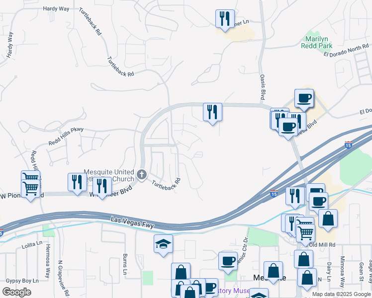 map of restaurants, bars, coffee shops, grocery stores, and more near 518 Turtleback Road in Mesquite