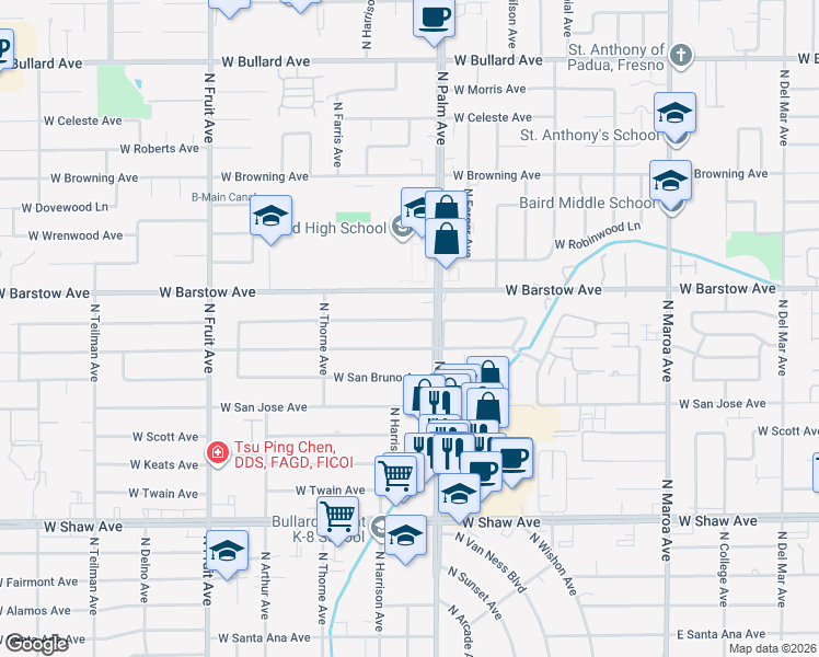 map of restaurants, bars, coffee shops, grocery stores, and more near 1069 West San Madele Avenue in Fresno
