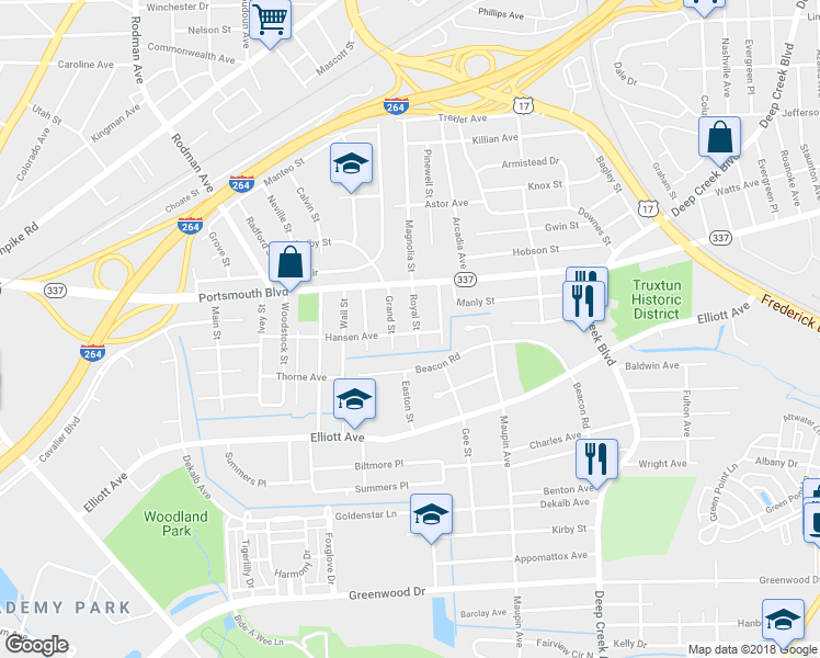 map of restaurants, bars, coffee shops, grocery stores, and more near 34 Royal Street in Portsmouth