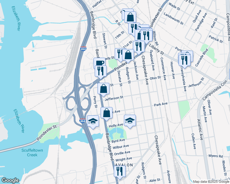 map of restaurants, bars, coffee shops, grocery stores, and more near 1219 Stewart Street in Chesapeake