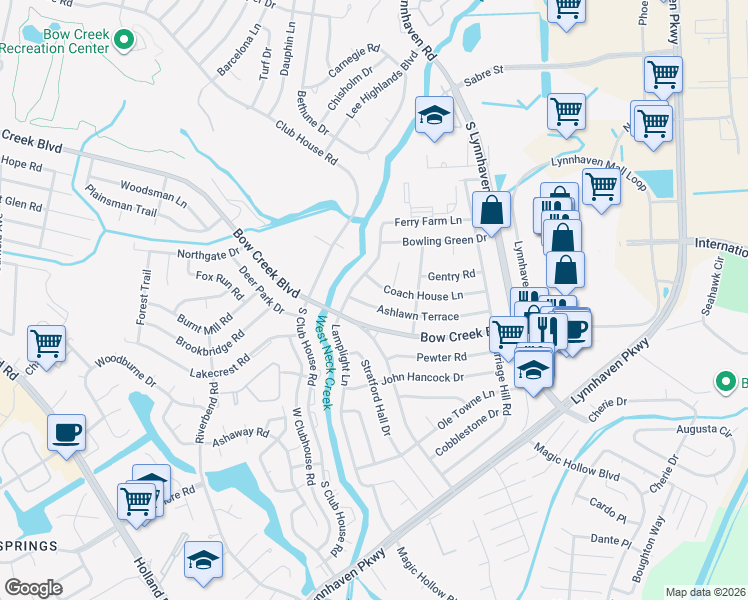 map of restaurants, bars, coffee shops, grocery stores, and more near 3124 Ashlawn Terrace in Virginia Beach