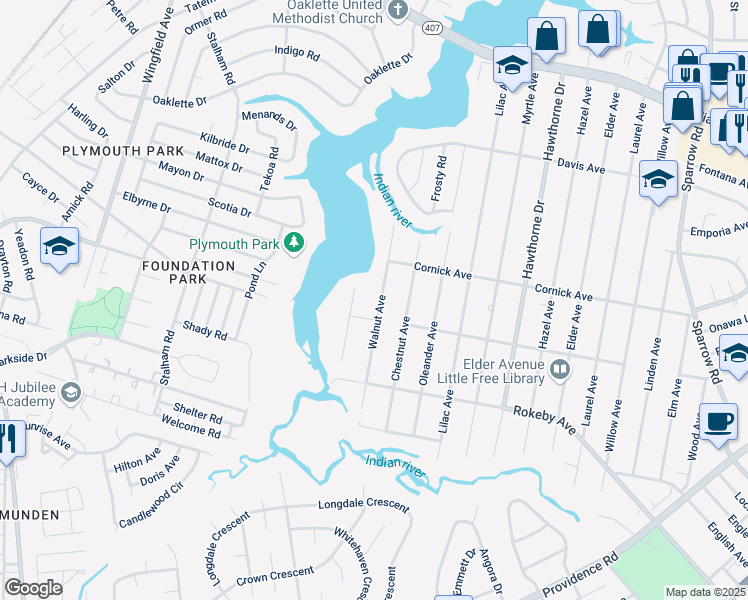 map of restaurants, bars, coffee shops, grocery stores, and more near 1419 Walnut Avenue in Chesapeake