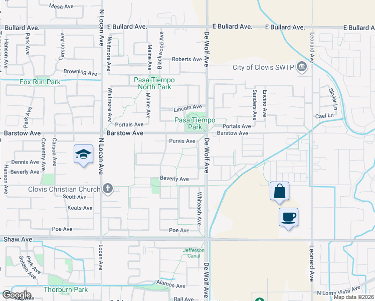 map of restaurants, bars, coffee shops, grocery stores, and more near 3335 Mitchell Avenue in Clovis