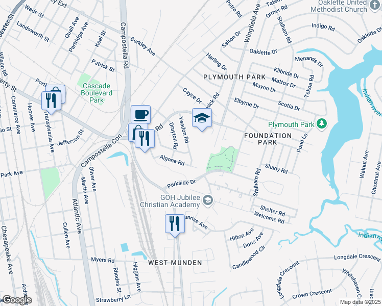map of restaurants, bars, coffee shops, grocery stores, and more near 1317 Yeadon Road in Chesapeake