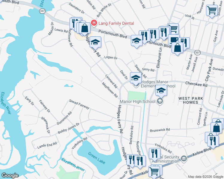 map of restaurants, bars, coffee shops, grocery stores, and more near 413 Mayflower Road in Portsmouth