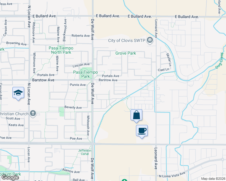 map of restaurants, bars, coffee shops, grocery stores, and more near 1324 Royalty Way in Clovis
