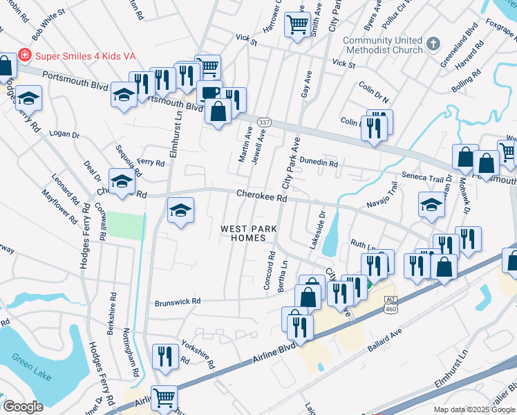 map of restaurants, bars, coffee shops, grocery stores, and more near 1105 Tatem Avenue in Portsmouth