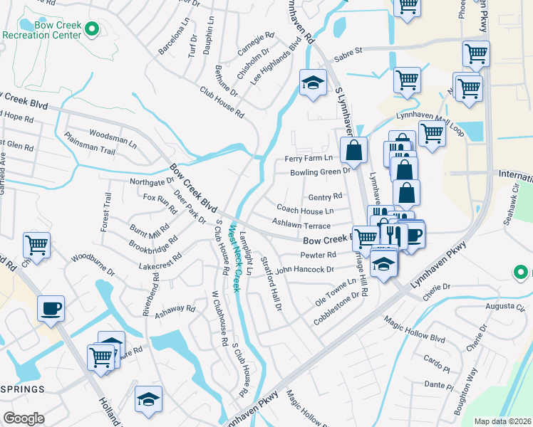 map of restaurants, bars, coffee shops, grocery stores, and more near 3124 Ashlawn Terrace in Virginia Beach