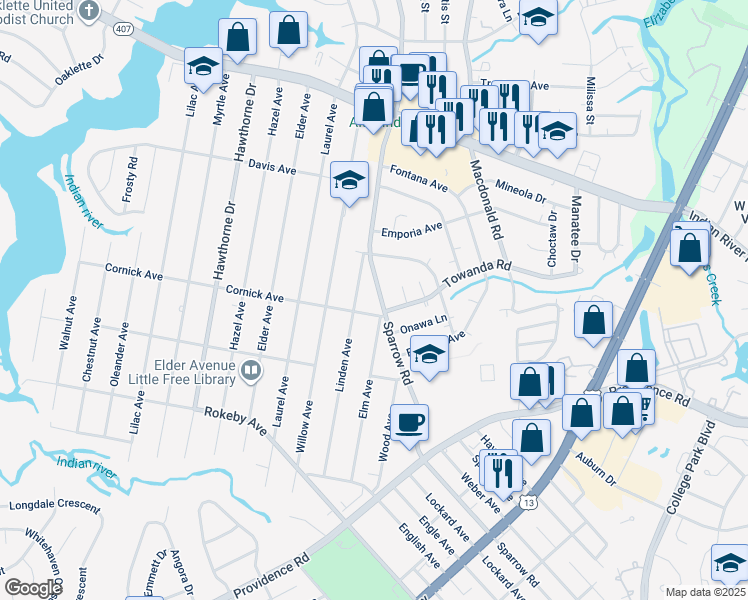 map of restaurants, bars, coffee shops, grocery stores, and more near 1312 Sparrow Road in Chesapeake