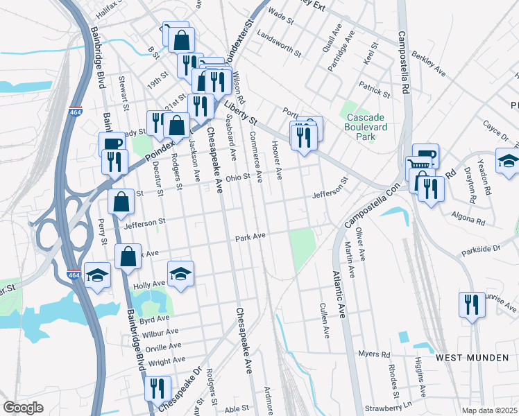 map of restaurants, bars, coffee shops, grocery stores, and more near 1301 Commerce Avenue in Chesapeake