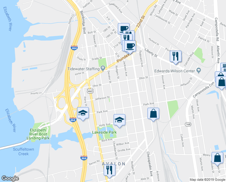map of restaurants, bars, coffee shops, grocery stores, and more near 1229 Decatur Street in Chesapeake