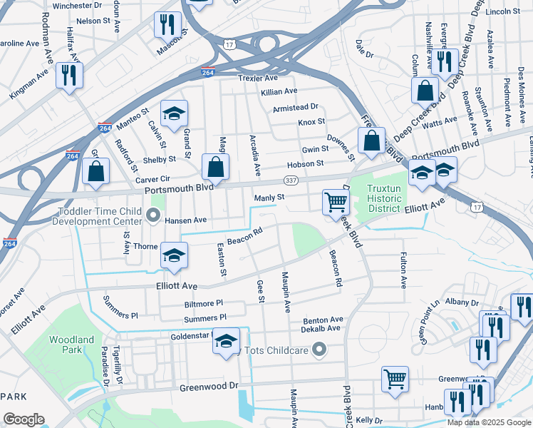 map of restaurants, bars, coffee shops, grocery stores, and more near Maupin Court in Portsmouth