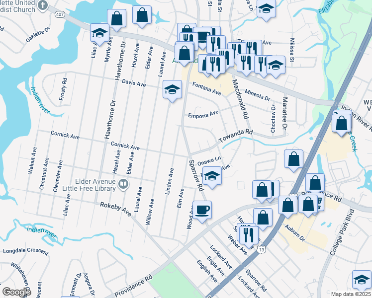 map of restaurants, bars, coffee shops, grocery stores, and more near 1312 Sparrow Road in Chesapeake