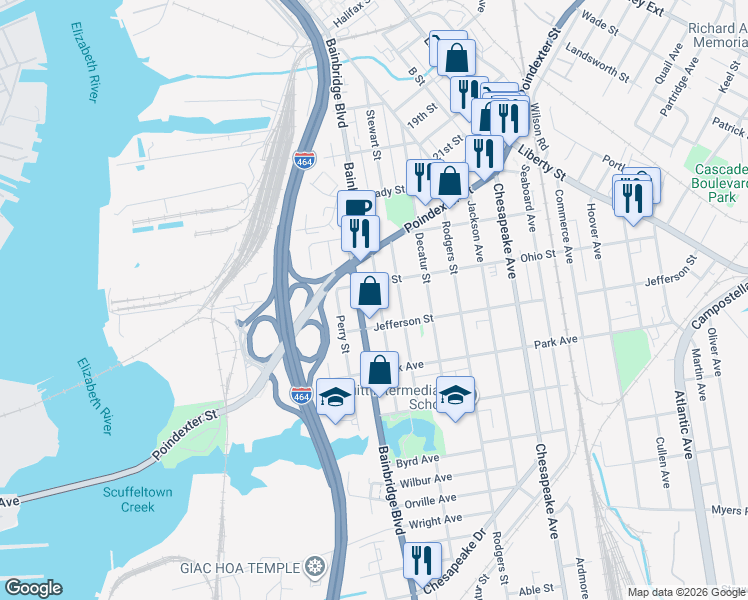 map of restaurants, bars, coffee shops, grocery stores, and more near 1214 Hull Street in Chesapeake