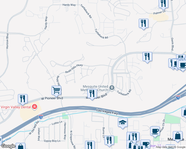 map of restaurants, bars, coffee shops, grocery stores, and more near 500 Mountainside Court in Mesquite