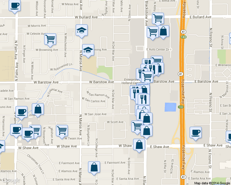 map of restaurants, bars, coffee shops, grocery stores, and more near 5334 North Del Mar Avenue in Fresno
