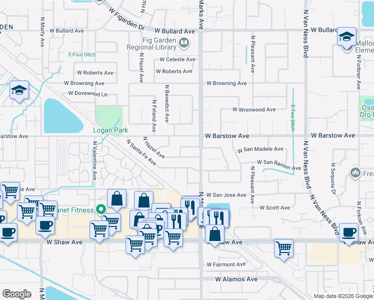 map of restaurants, bars, coffee shops, grocery stores, and more near 3055 West San Madele Avenue in Fresno
