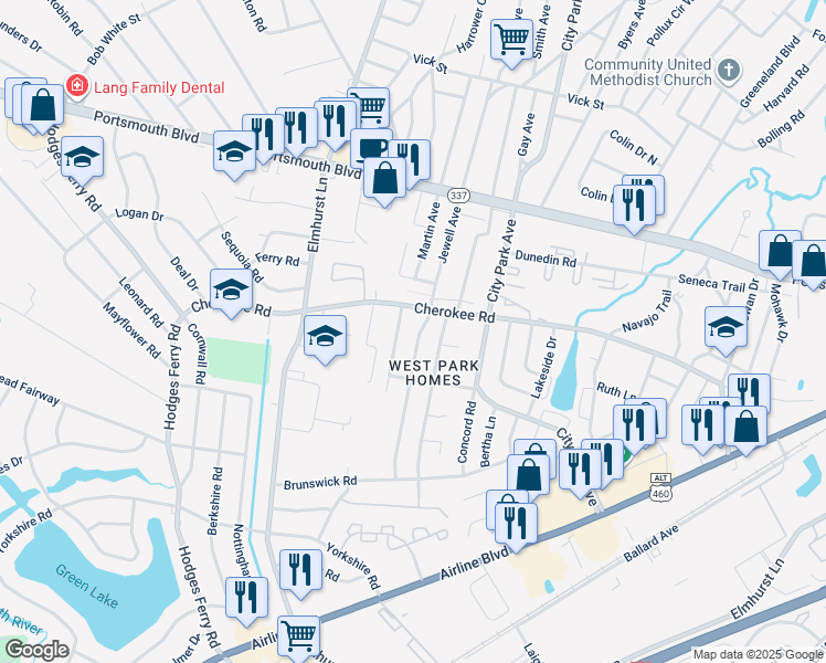 map of restaurants, bars, coffee shops, grocery stores, and more near 1104 Jewell Avenue in Portsmouth