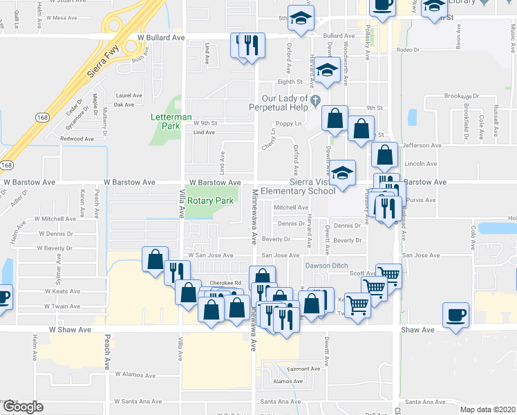 map of restaurants, bars, coffee shops, grocery stores, and more near 1321 Malio Drive in Clovis
