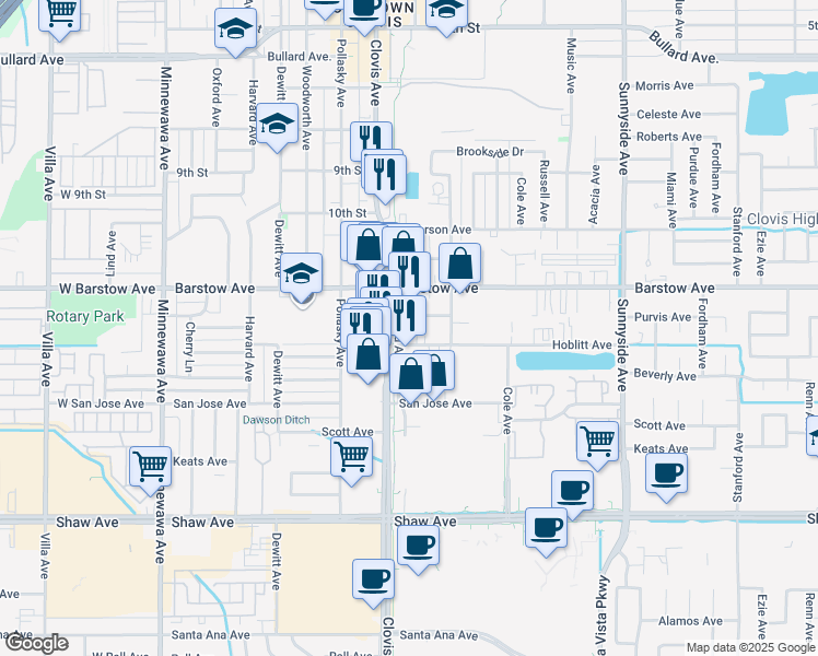 map of restaurants, bars, coffee shops, grocery stores, and more near 1348 Clovis Avenue in Clovis