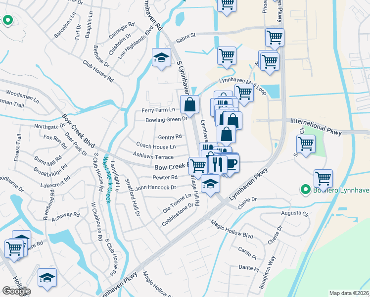 map of restaurants, bars, coffee shops, grocery stores, and more near 3009 Coach House Lane in Virginia Beach