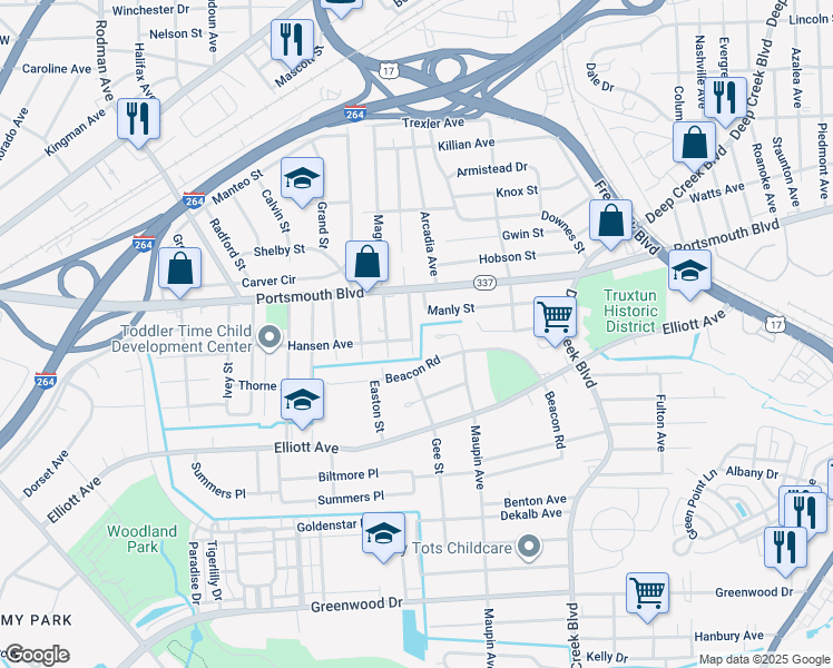 map of restaurants, bars, coffee shops, grocery stores, and more near 33 Temple Street in Portsmouth