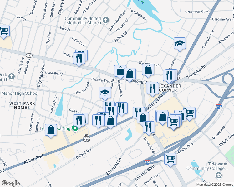 map of restaurants, bars, coffee shops, grocery stores, and more near 5 Chippewa Trail in Portsmouth