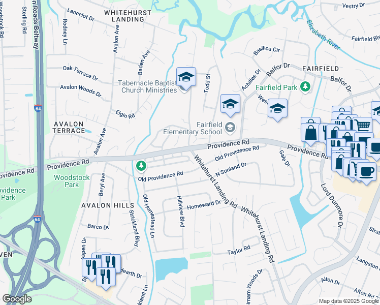 map of restaurants, bars, coffee shops, grocery stores, and more near 874 Jamestown Landing Road in Virginia Beach