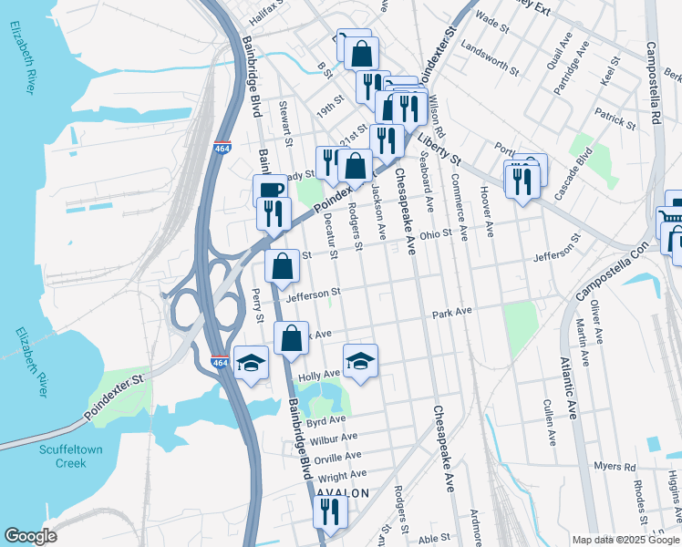 map of restaurants, bars, coffee shops, grocery stores, and more near 1229 Decatur Street in Chesapeake