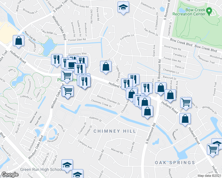 map of restaurants, bars, coffee shops, grocery stores, and more near 3607 Chimney Creek Drive in Virginia Beach