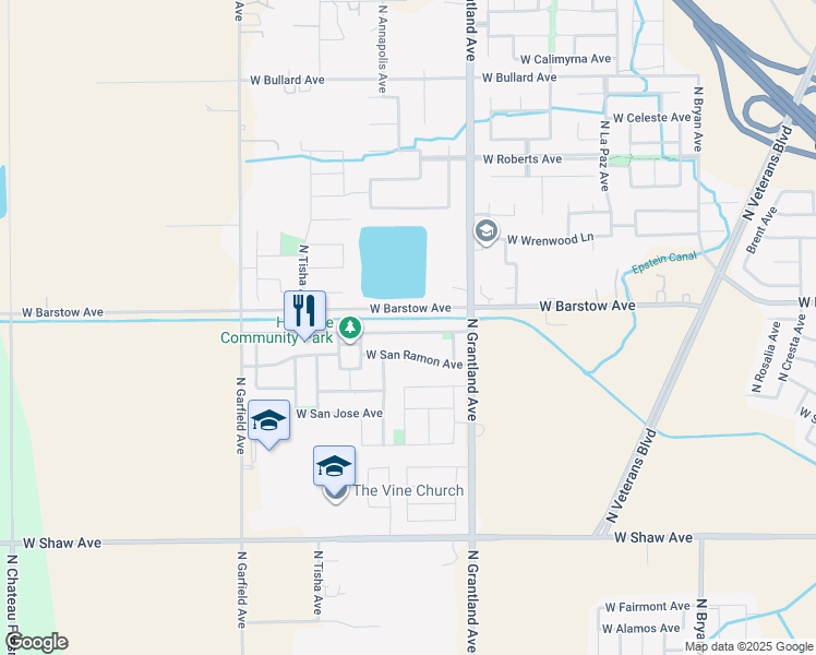 map of restaurants, bars, coffee shops, grocery stores, and more near 7120 West San Madele Avenue in Fresno