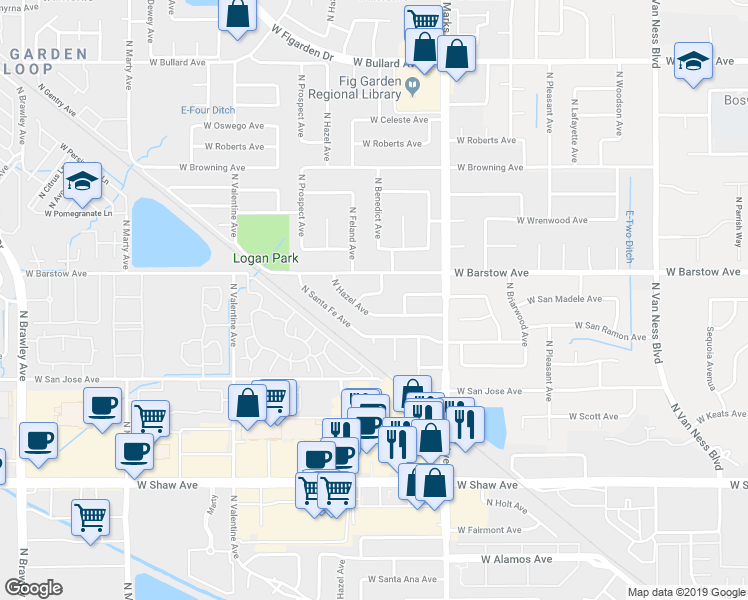 map of restaurants, bars, coffee shops, grocery stores, and more near 3141 West San Madele Avenue in Fresno