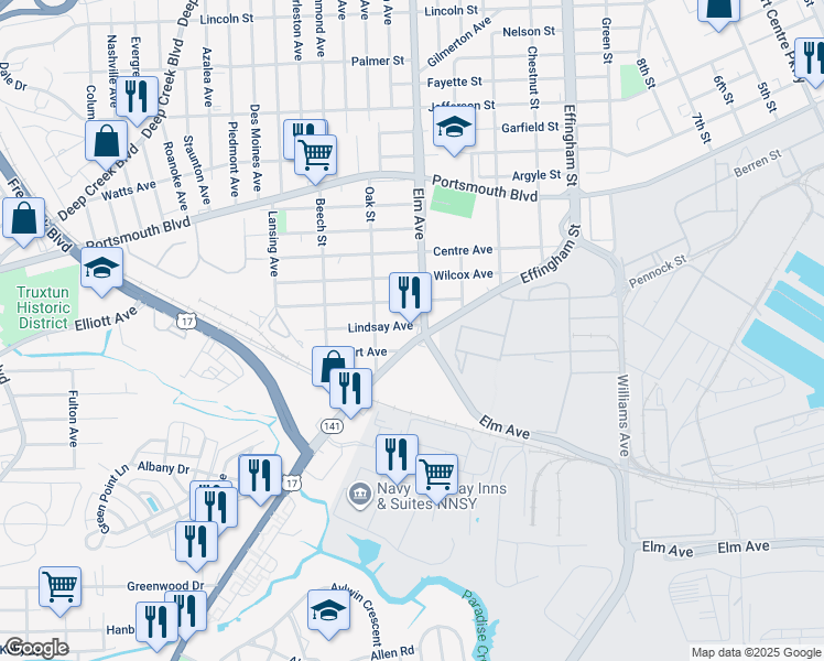 map of restaurants, bars, coffee shops, grocery stores, and more near 3200 Elm Avenue in Portsmouth