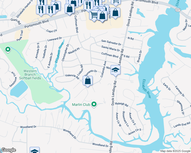 map of restaurants, bars, coffee shops, grocery stores, and more near 4000 Monaco Court in Chesapeake