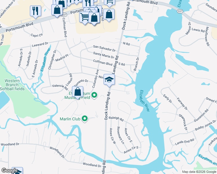 map of restaurants, bars, coffee shops, grocery stores, and more near 2034 Dock Landing Road in Chesapeake