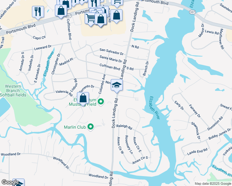 map of restaurants, bars, coffee shops, grocery stores, and more near 2034 Dock Landing Road in Chesapeake