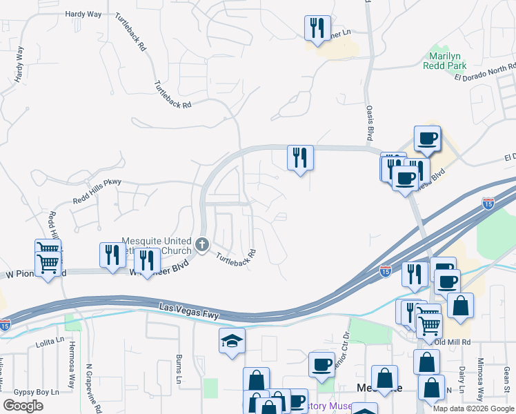 map of restaurants, bars, coffee shops, grocery stores, and more near 518 Turtleback Road in Mesquite