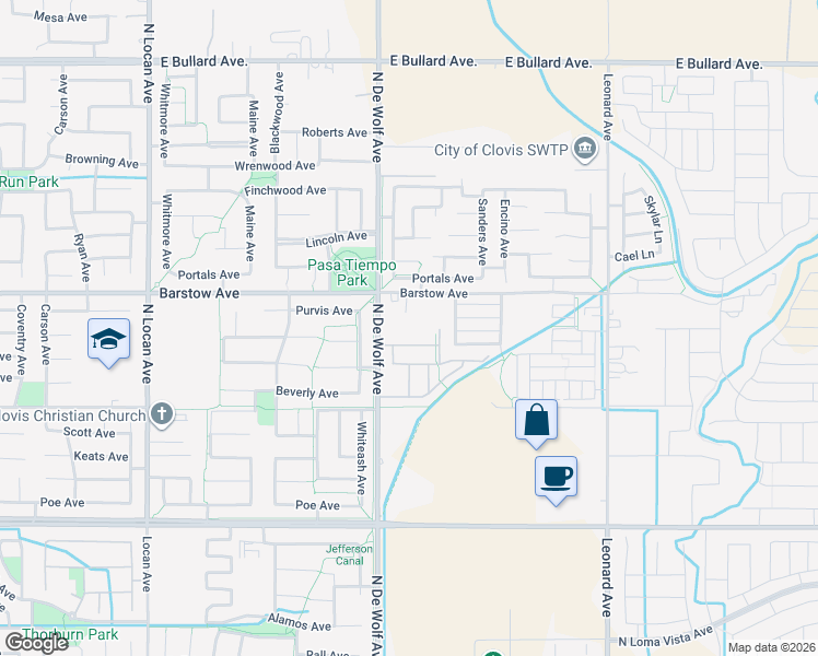 map of restaurants, bars, coffee shops, grocery stores, and more near 1301 North De Wolf Avenue in Clovis