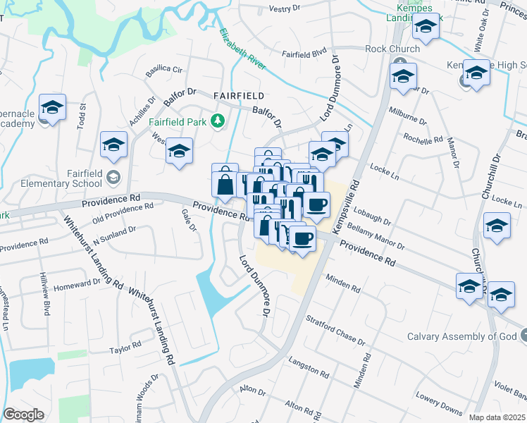 map of restaurants, bars, coffee shops, grocery stores, and more near 5286 Providence Road in Virginia Beach