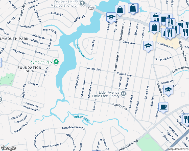 map of restaurants, bars, coffee shops, grocery stores, and more near 1412 Oleander Avenue in Chesapeake