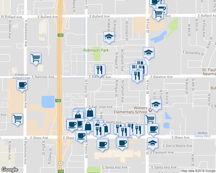 map of restaurants, bars, coffee shops, grocery stores, and more near 545 East San Madele Avenue in Fresno