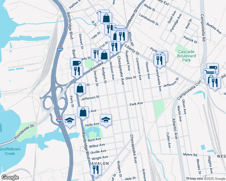 map of restaurants, bars, coffee shops, grocery stores, and more near 1236 Jackson Ave in Chesapeake