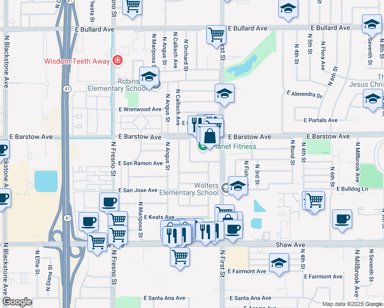map of restaurants, bars, coffee shops, grocery stores, and more near 5330 North Orchard Street in Fresno