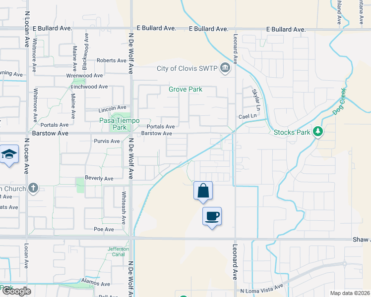 map of restaurants, bars, coffee shops, grocery stores, and more near 3577 Generosity Way in Clovis