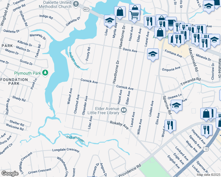 map of restaurants, bars, coffee shops, grocery stores, and more near 1407 Hawthorne Drive in Chesapeake