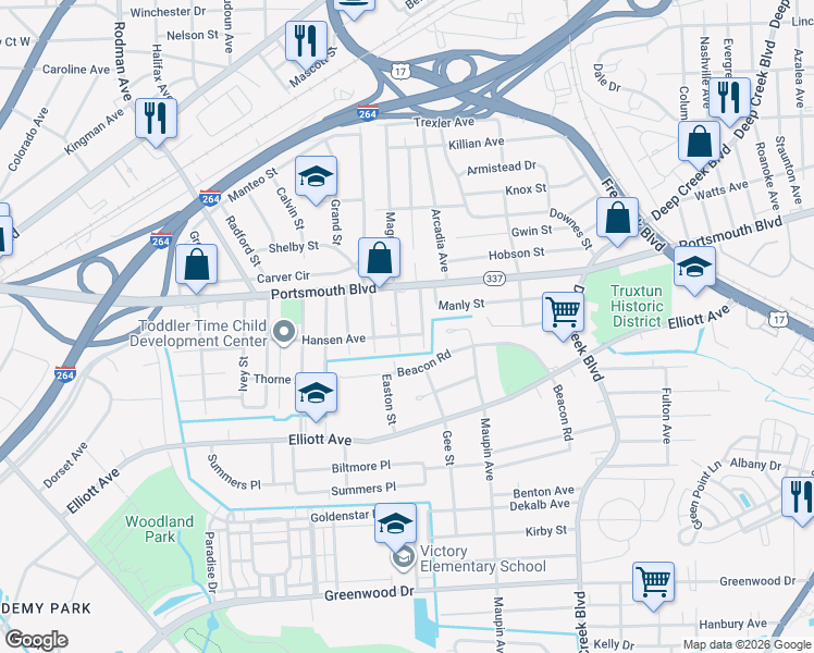 map of restaurants, bars, coffee shops, grocery stores, and more near 34 Royal Street in Portsmouth