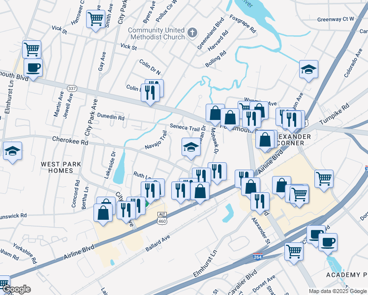 map of restaurants, bars, coffee shops, grocery stores, and more near 15 Croatan Trail in Portsmouth