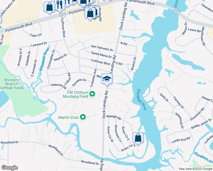 map of restaurants, bars, coffee shops, grocery stores, and more near 2034 Dock Landing Road in Chesapeake