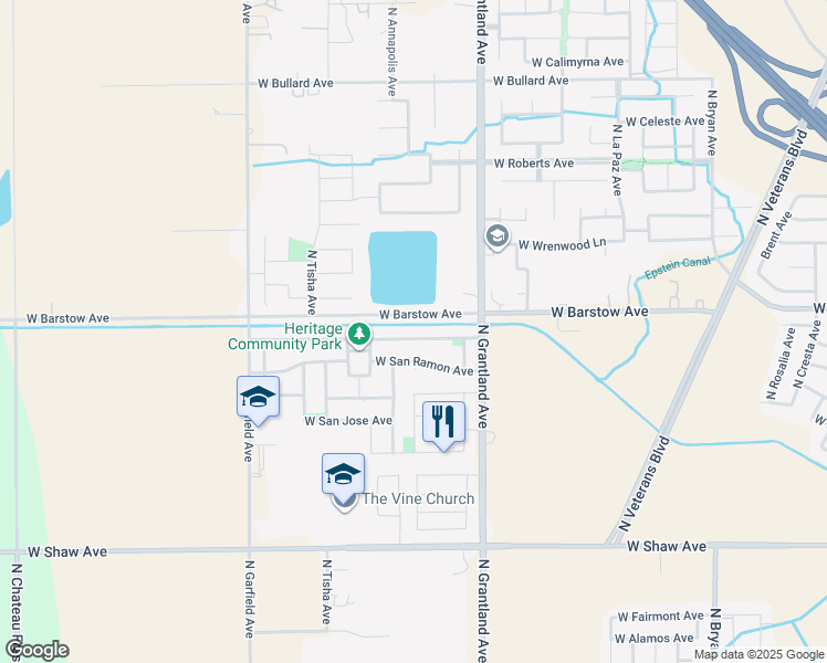 map of restaurants, bars, coffee shops, grocery stores, and more near 7120 West San Madele Avenue in Fresno