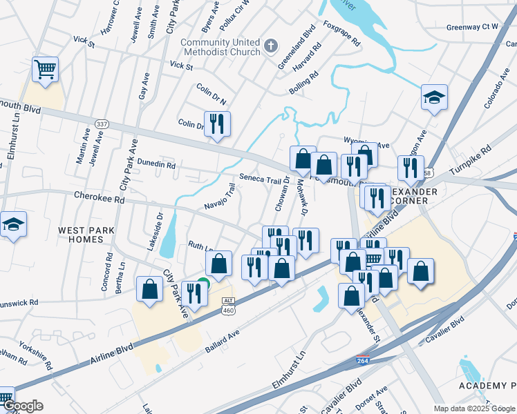map of restaurants, bars, coffee shops, grocery stores, and more near 15 Croatan Trail in Portsmouth